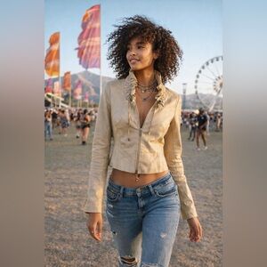 Danier Y2K 90s Leather Jacket Beige Ruffle Collar Size 2XS Fitted Moto Festival